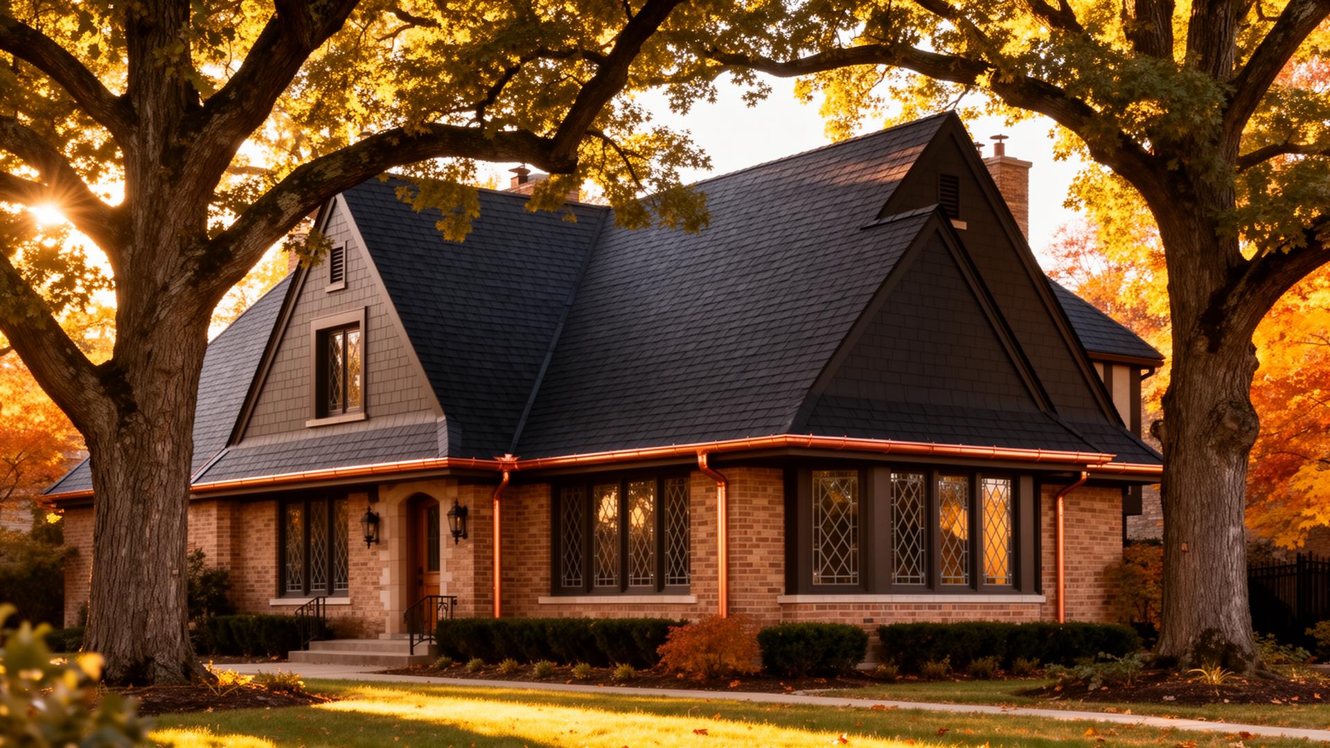 Park Ridge Tudor home with a newly finished roof under autumn oaks